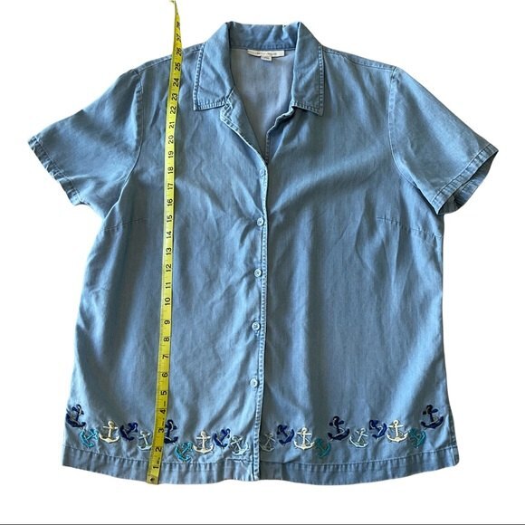 JM Collection Chambray Nautical Embroidered Anchor Button Up Shirt US 14 - Picture 4 of 6